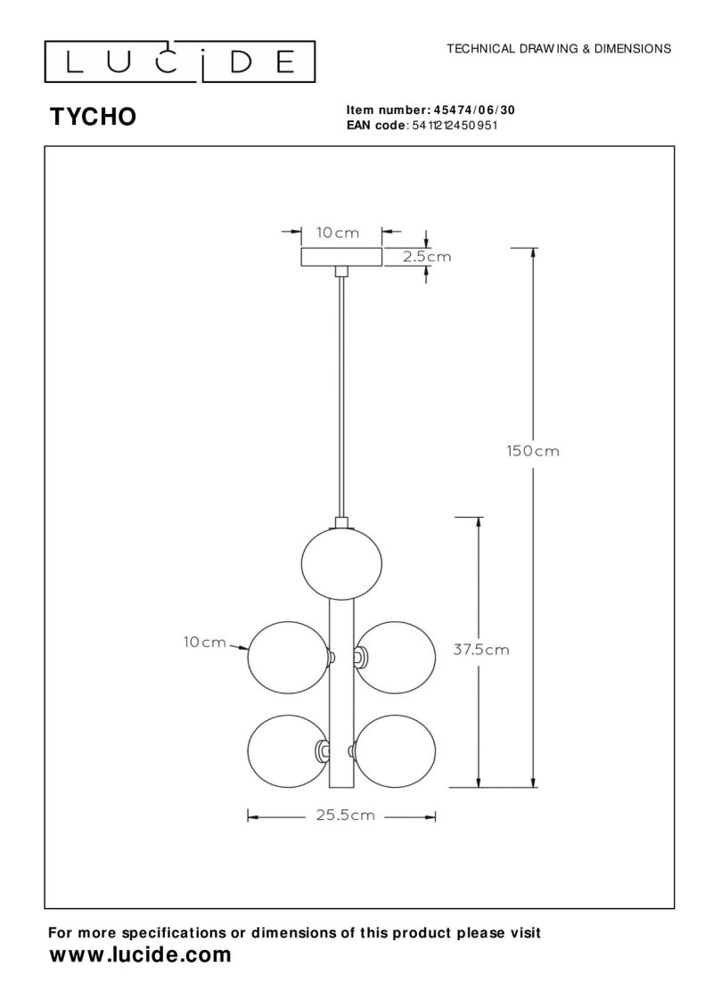 Lucide TYCHO - Závesné svietidlo - Ø 25,5 cm - 6xG9 - Čierna